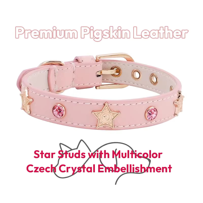 OF.STUDIOS Star Crystal Embellished Leather Pet Collar – Premium Czech Rhinestone Collar for Dogs & Cats