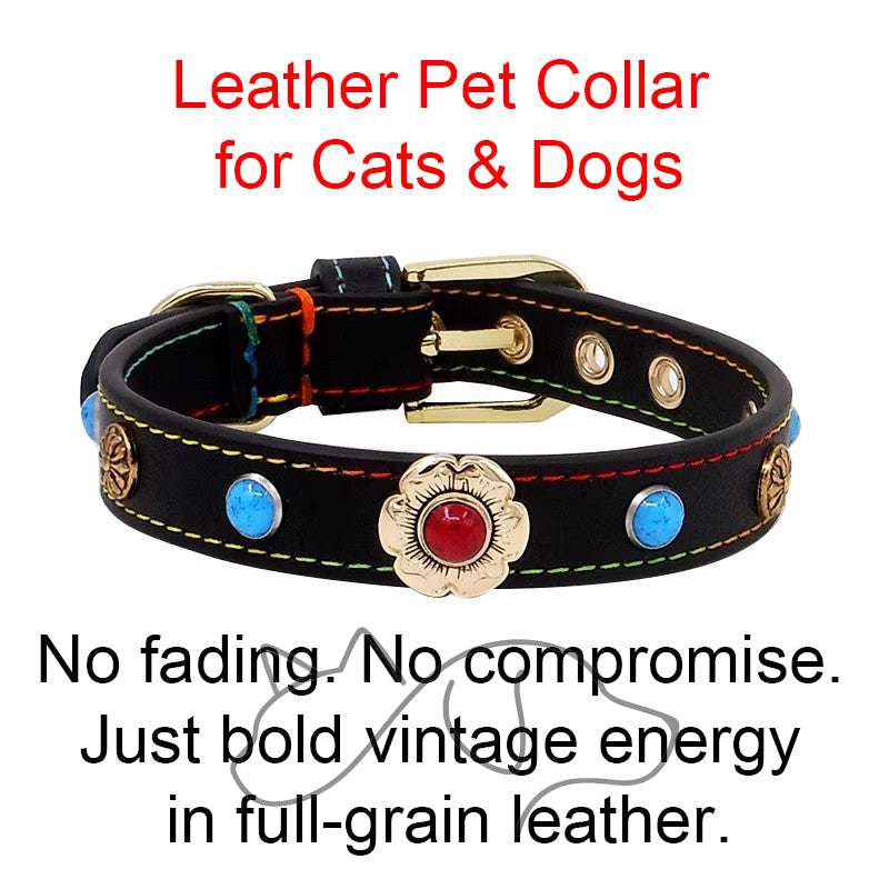 OF.STUDIOS Genuine Leather Dog & Cat Collar – Turquoise Rivet Studded Collar with Flower Buckle