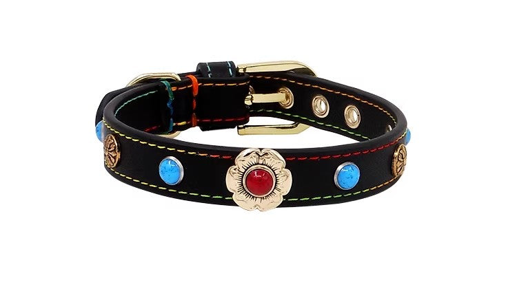 OF.STUDIOS Genuine Leather Dog & Cat Collar – Turquoise Rivet Studded Collar with Flower Buckle