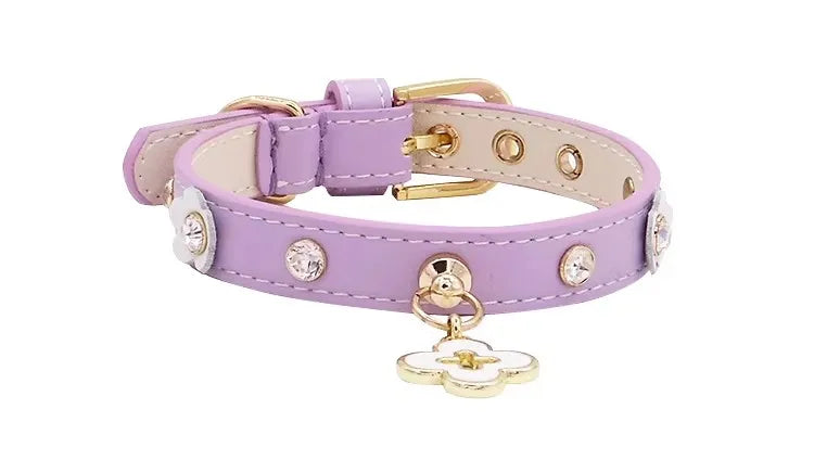OF.STUDIOS Small Flower Studded Leather Pet Collar – Cute Spike Dog & Cat Neck Collar
