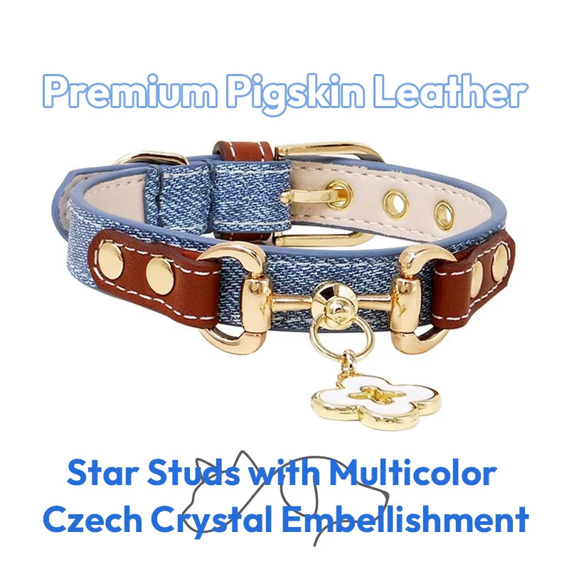 OF.STUDIOS Litchi Grain Leather Pet Collar with Denim Texture for Small Dogs & Cats