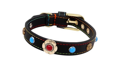 OF.STUDIOS Genuine Leather Dog & Cat Collar – Turquoise Rivet Studded Collar with Flower Buckle
